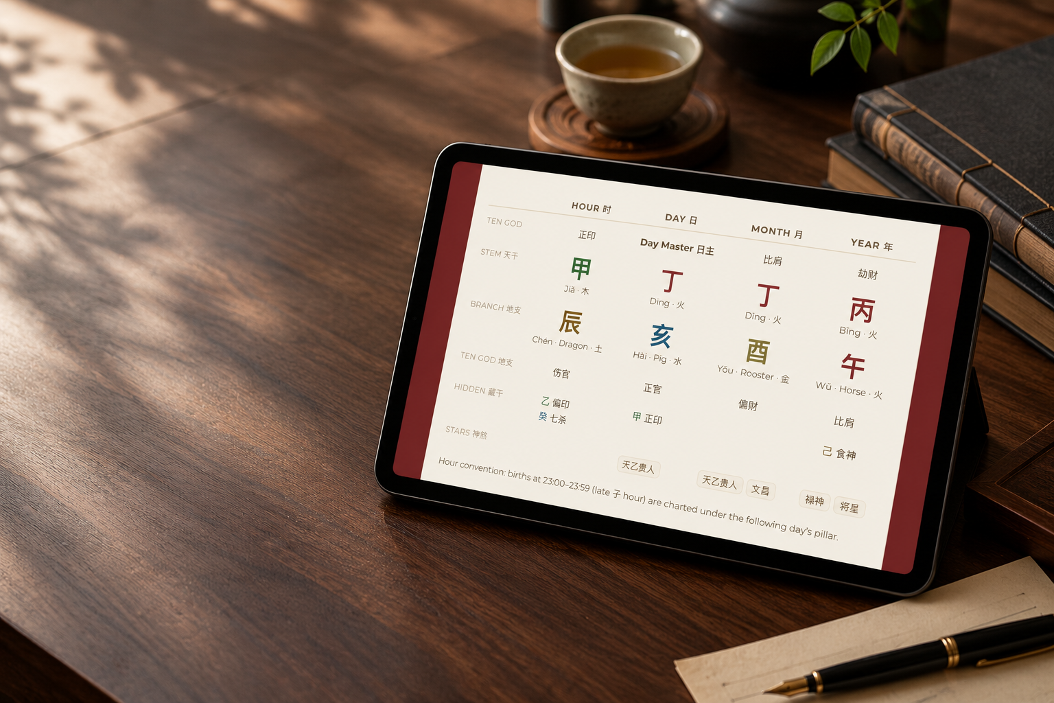 Tablet showing a Bazi Four Pillars chart, hour pillar left to year pillar right