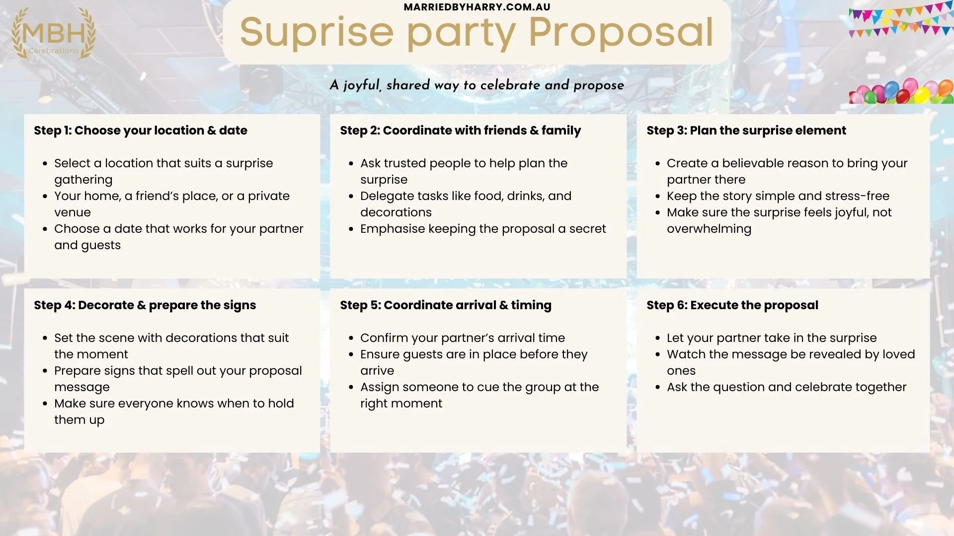 Surprise party proposal idea surrounded by friends and family revealing a marriage proposal celebration