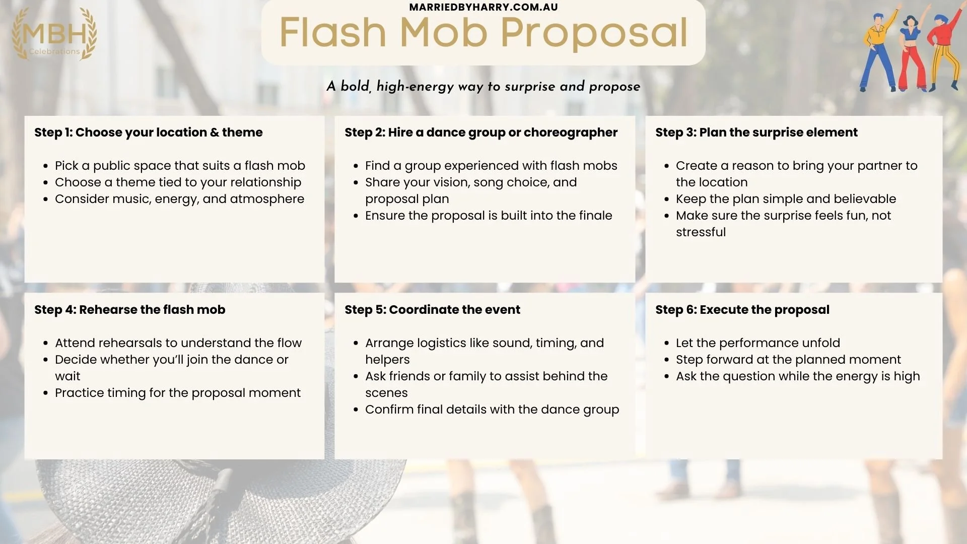 Flash mob proposal idea featuring a surprise public performance leading into a marriage proposal