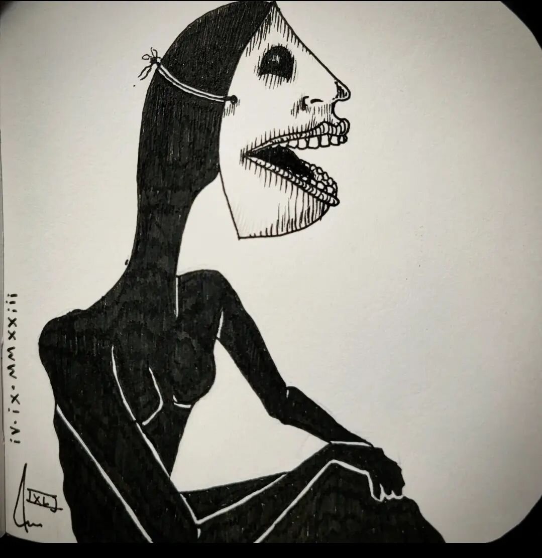 Miss Masc sits and thinks, legs folded. The mask with an unhinged jaw hangs from a thin black thread. It loosely hides their formless face. 

&quot;Miss Masc sitting&quot; - IXLJ iv.ix.mmxxiii

🧎&zwj;♀️🗣

🖤🎭

#darksurrealism #darksurrealismart #d