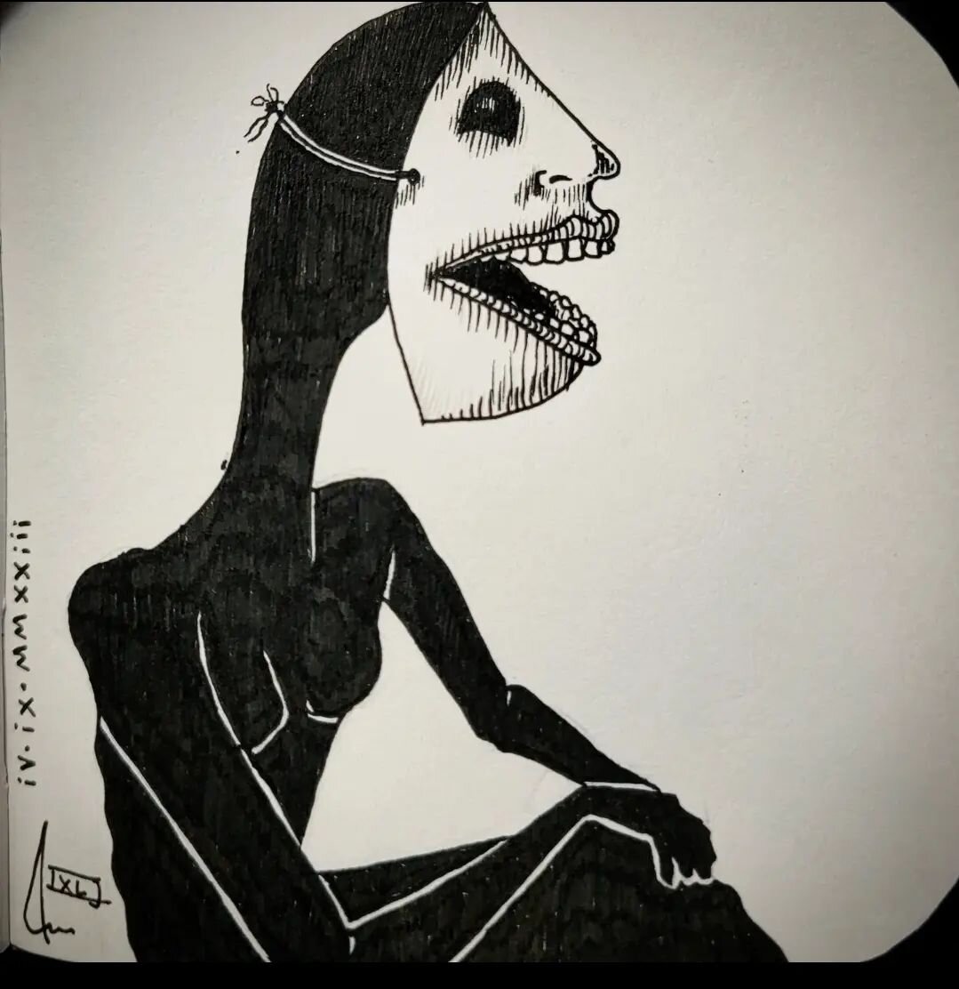 Miss Masc sits and thinks, legs folded. The mask with an unhinged jaw hangs from a thin black thread. It loosely hides their formless face.
"Miss Masc sitting" - IXLJ iv.ix.mmxxiii
🧎‍♀️🗣
🖤🎭
#darksurrealism #darksurrealismart #d