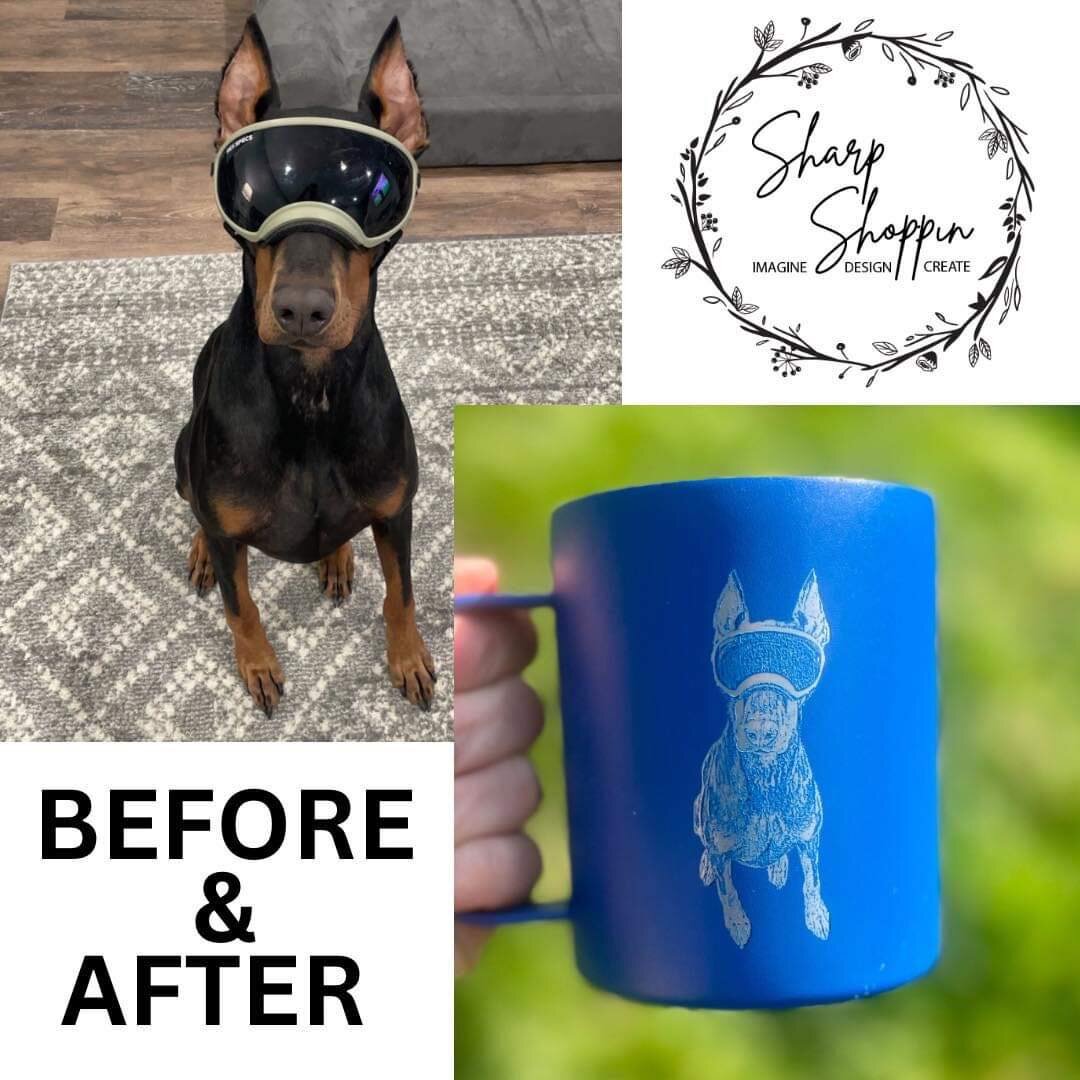 Laser-engraved photo mugs!
This is the first one I tried, and I think it turned out great! This particular mug was a custom order request, but I MAY have made one for myself with my own pups! I am continuously learning new things that I can do on my 