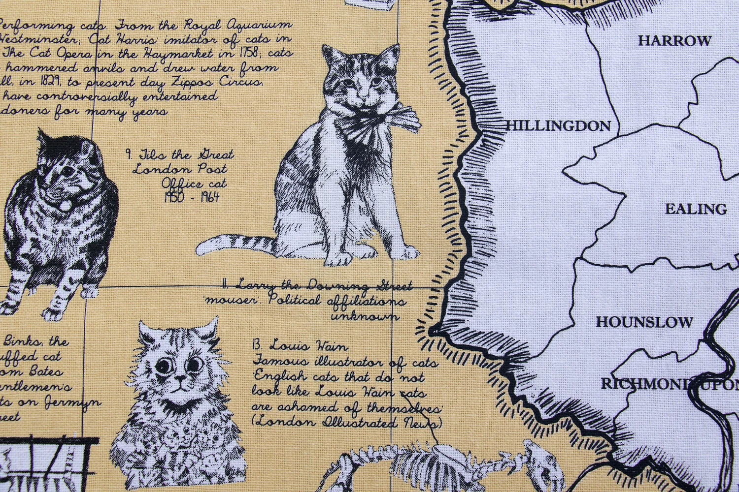 Illustrated map section featuring black and white sketches of famous cats, with handwritten notes. Nearby areas include Hillingdon and Harrow.
