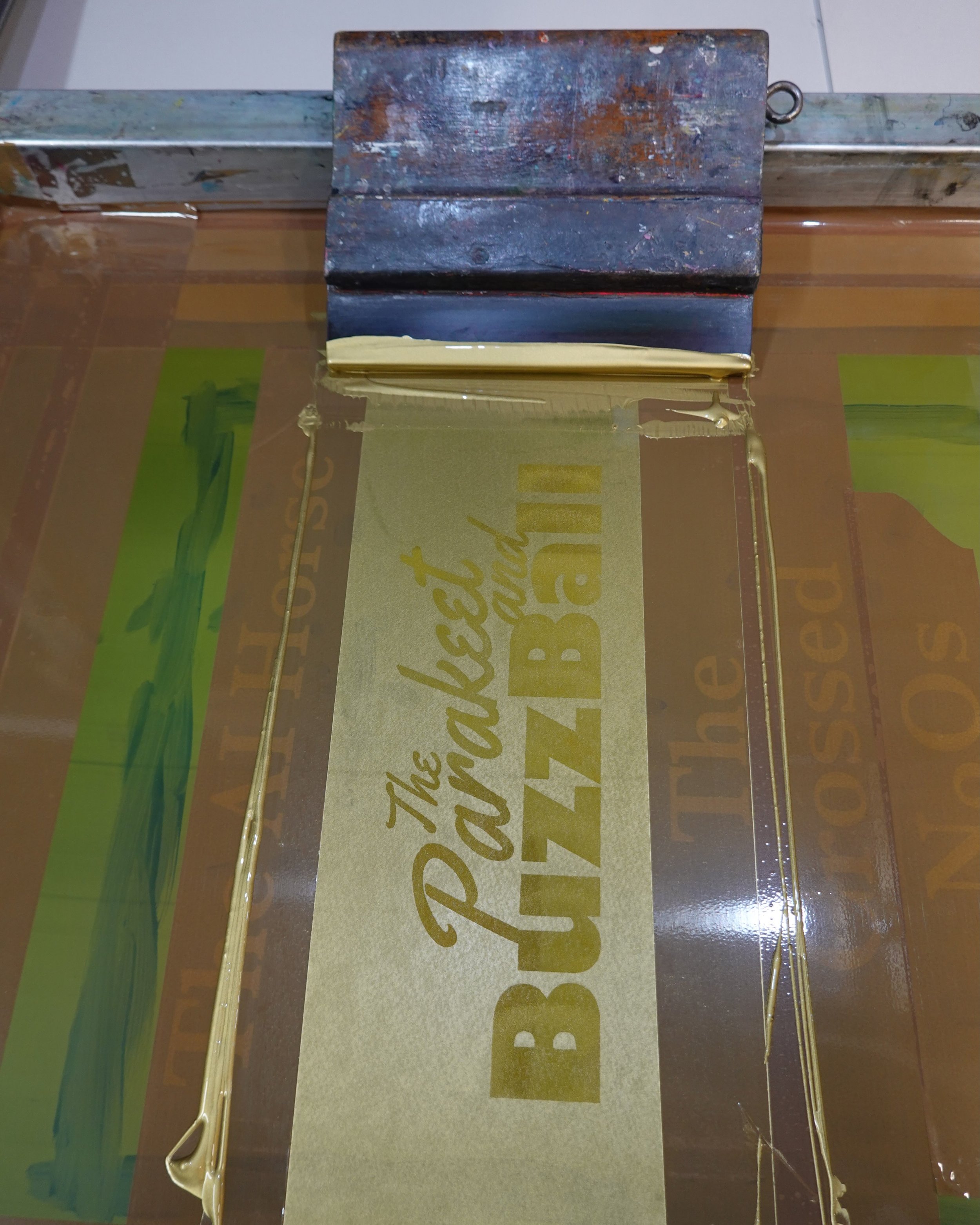 The finishing touches are being made to the work for Chris&rsquo; exhibition of illustrated invented Pub Signs which opens this Thursday &ndash; 17th September.
&nbsp;
Some of the signs are having metallic screen printed titles, and here a preview of