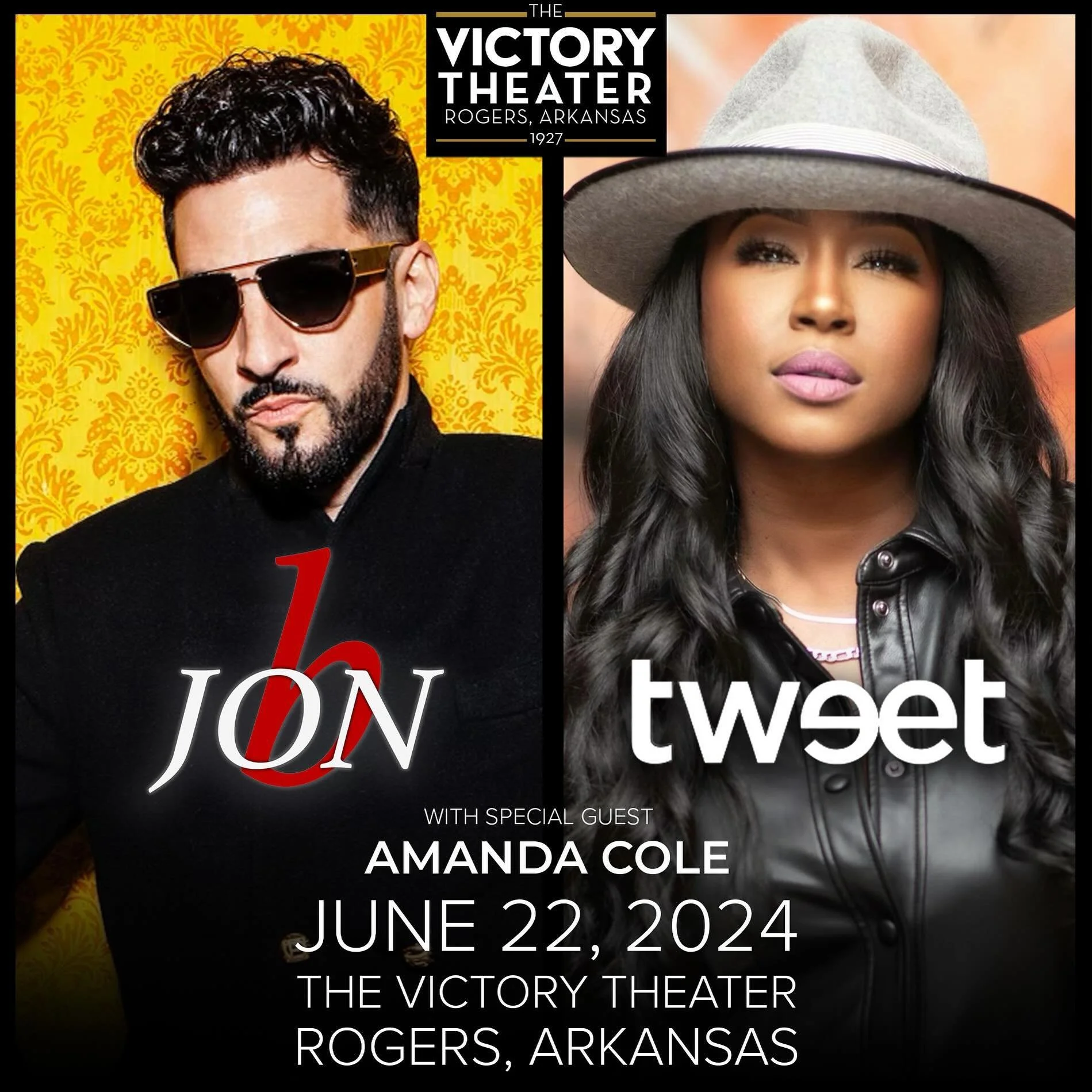 🚨 New Concert Announcement! 🚨 

🗣️ We are happy to announce @officialjonb &amp; @tweet_ with @theamandacole on June 20th at The Victory Theater in downtown Rogers! 

Tickets are on sale now!

#thevictorytheater #rogersarkansas #rogers #rogersrocks