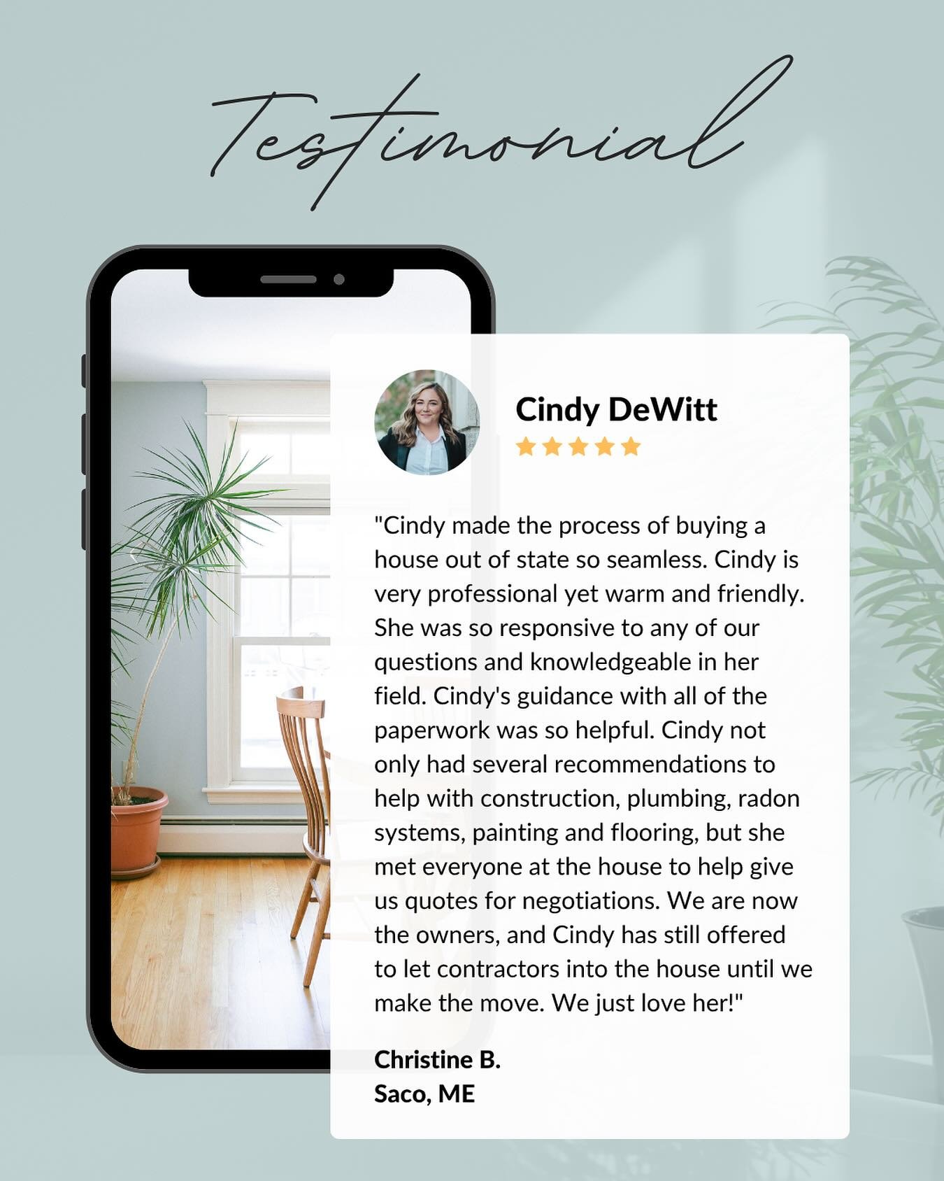 &ldquo;Cindy made the process of buying a house out of state so seamless. Cindy is very professional yet warm and friendly. She was so responsive to any of our questions and knowledgeable in her field. Cindy&rsquo;s guidance with all of the paperwork