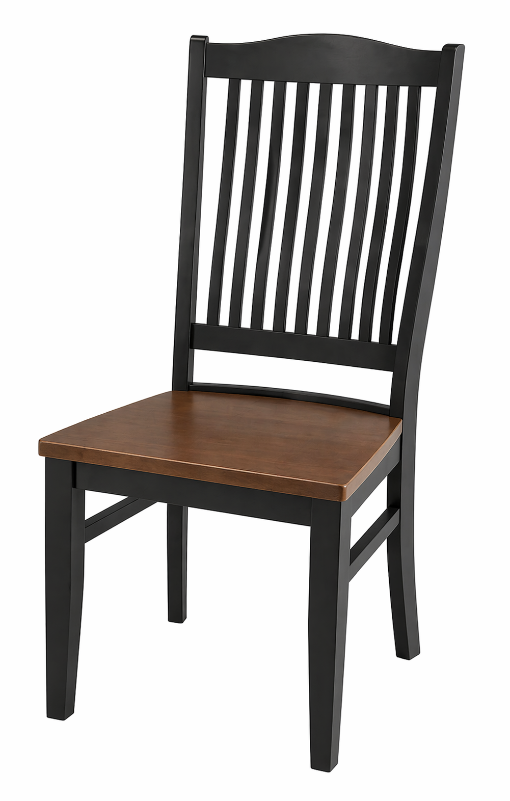 Wooden chair with black frame and slatted backrest in furniture store