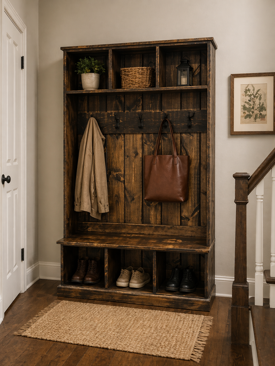 Wooden entryway hall tree with hooks, storage bench, and star ornament. Indoor furniture display in store.