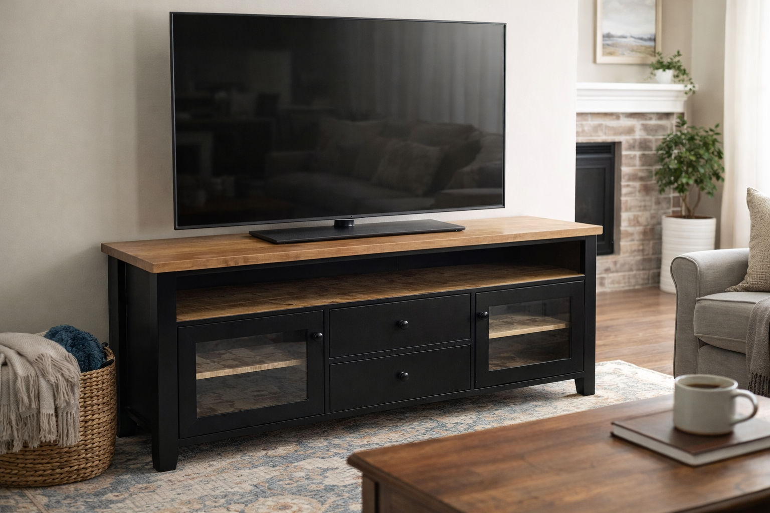 Wooden furniture piece with black painted base and natural wood top, featuring cabinet doors and open shelving, topped with decorative items including a turtle figure and vintage-style red pump.