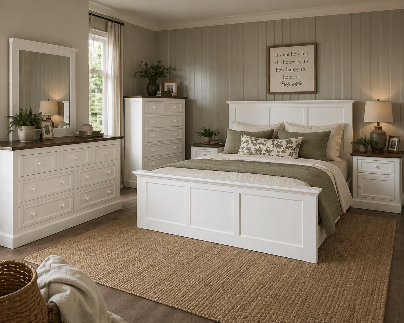 A furniture store showroom displaying a set of white bedroom furniture, including a bed frame, dresser, chest of drawers, and nightstand. The furniture features a classic paneled design.