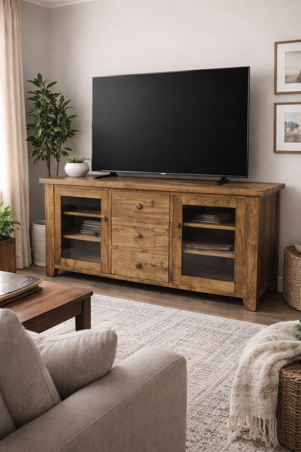 New Rustic Collection all stained  Tv stand with glass doors