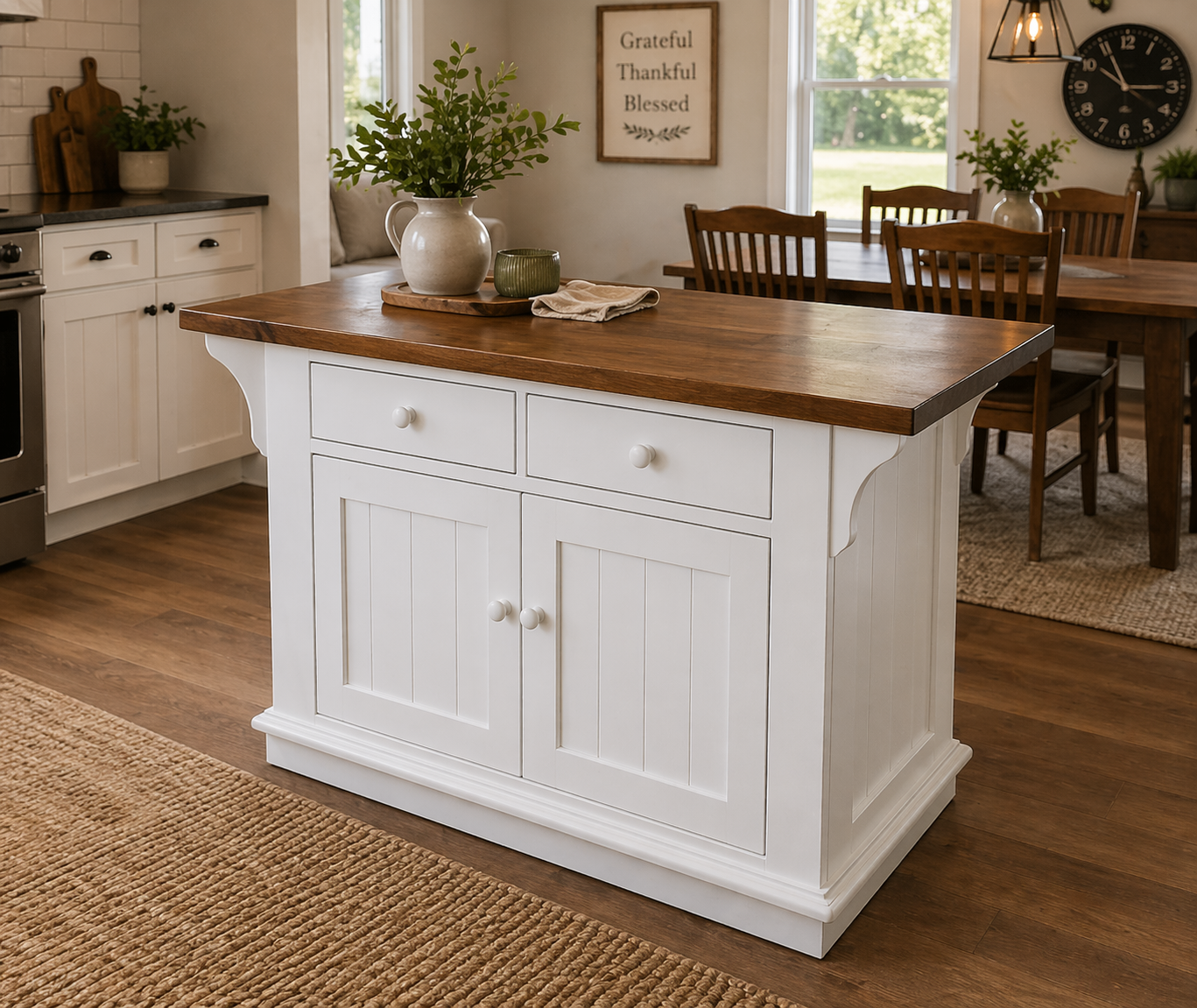 A rustic wooden kitchen island with a dark brown top and an off-white base, featuring a lower shelf for storage, displayed in a showroom.