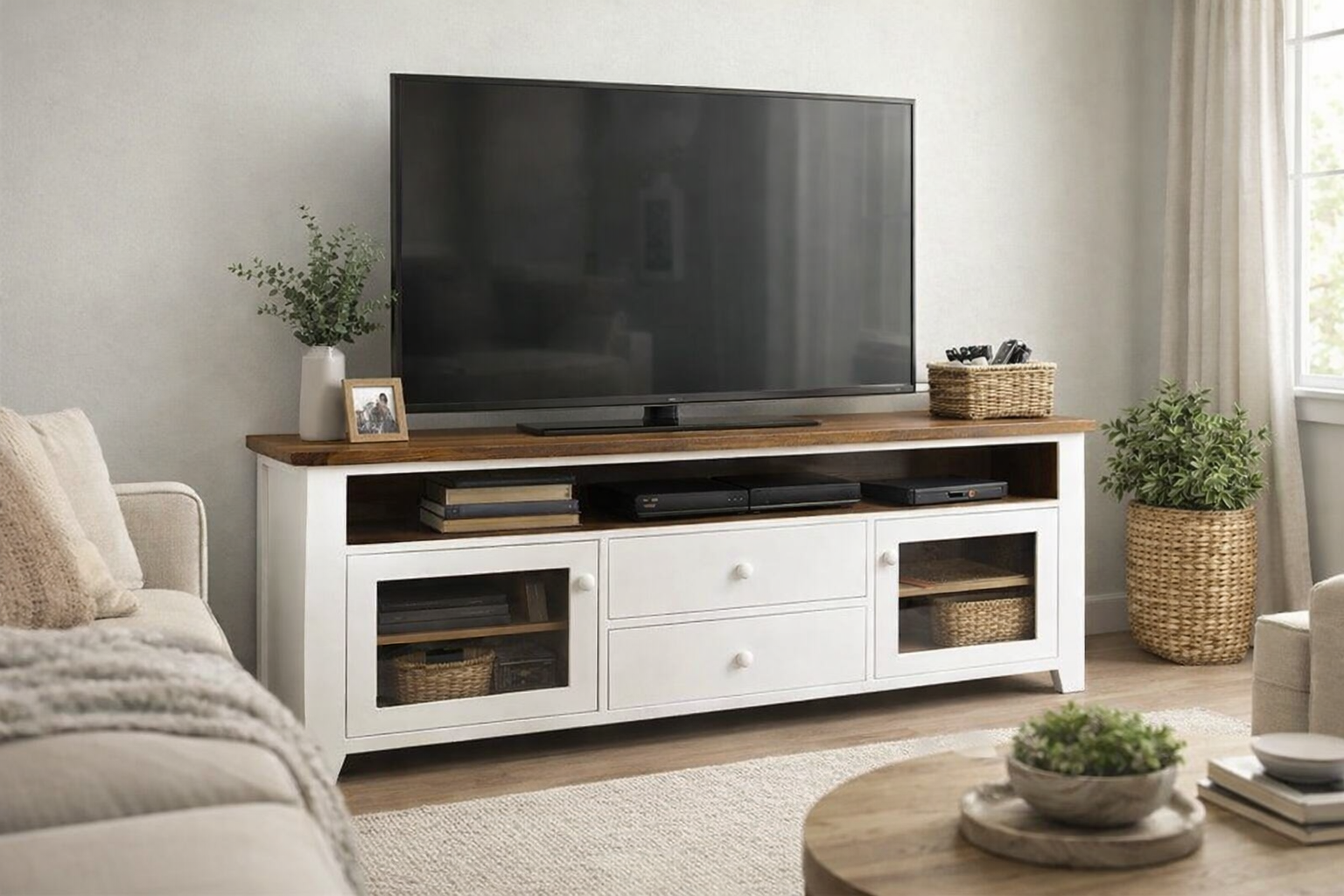 New Sleek Collection pure white Tv stand with glass doors