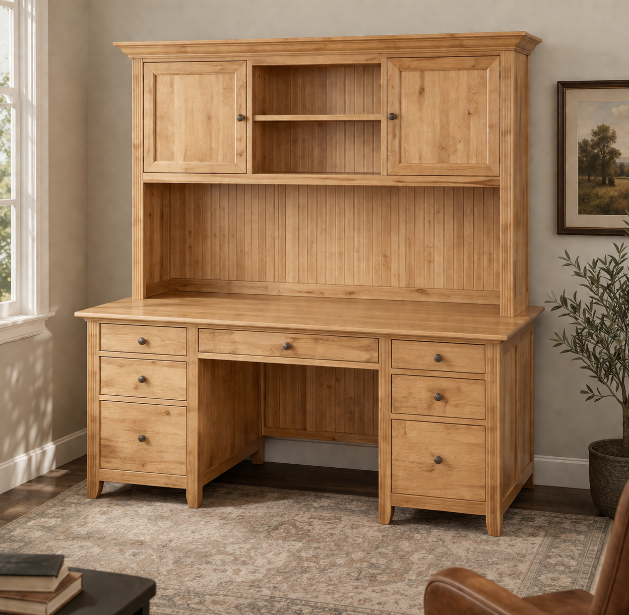 Solid maple desk with 2 door hutch