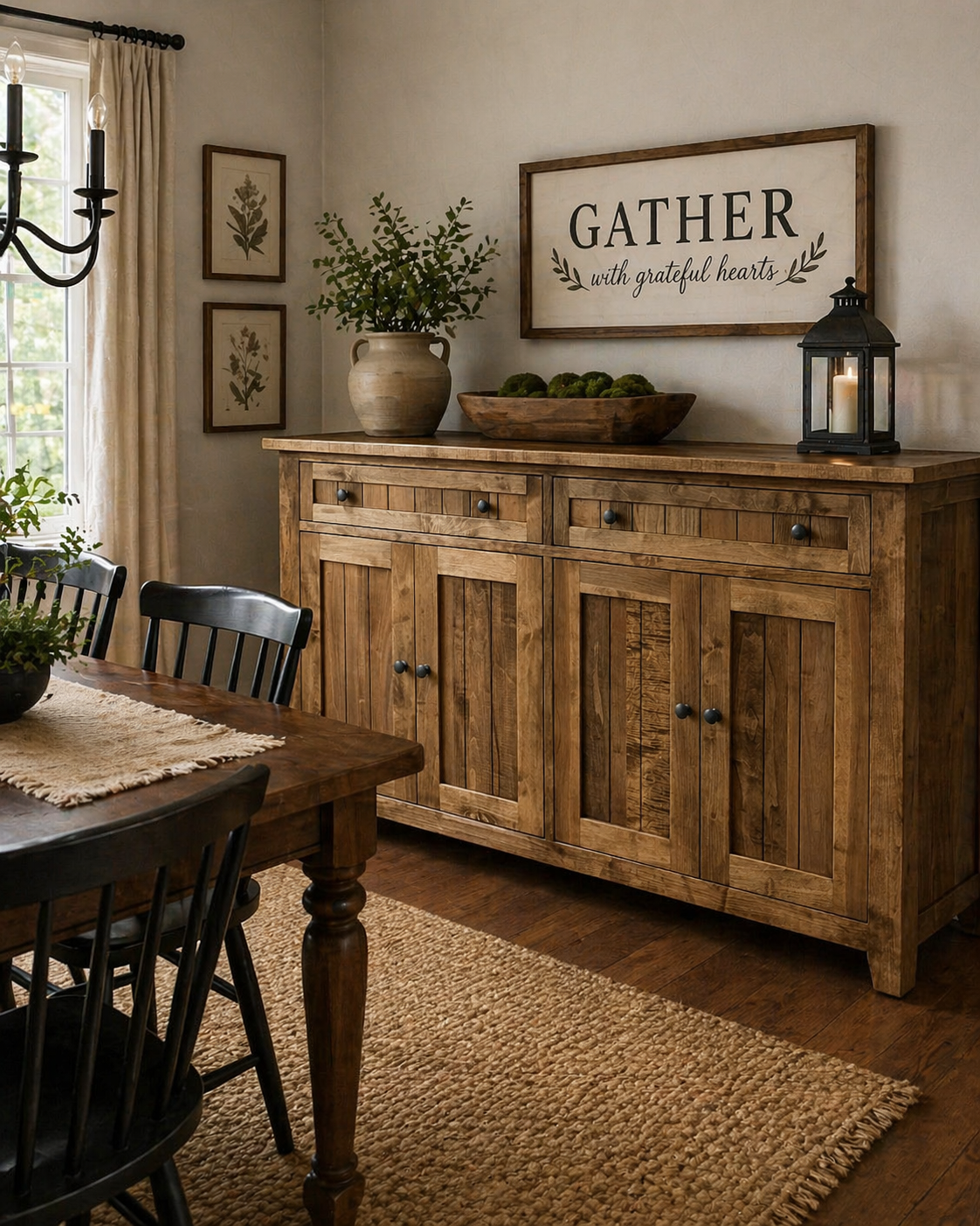 Wooden sideboard with a decorative sign reading 'The Gathering Place where friends become family.'