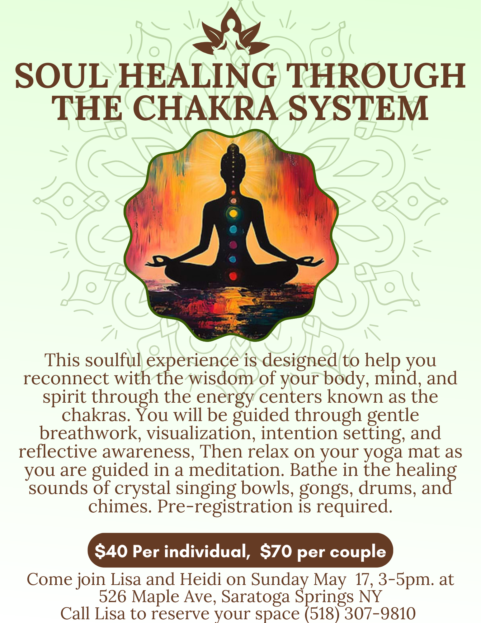 Soul Healing Through the Chakra System  Flyer with silhouette sitting cross legged with palms facing the sky