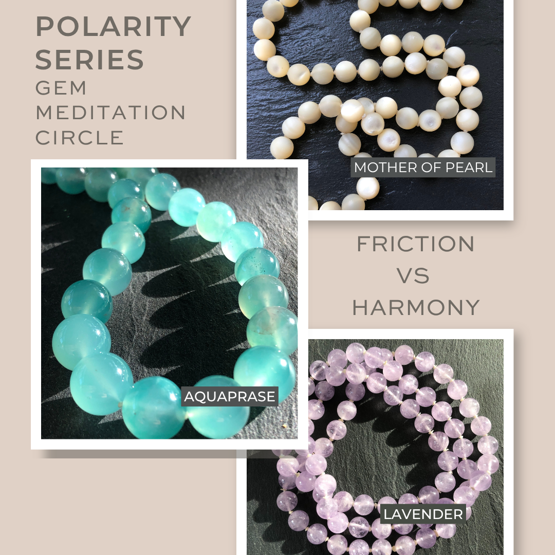 collage of lavender, aquaprase, and mother of pearl gemstone necklaces
