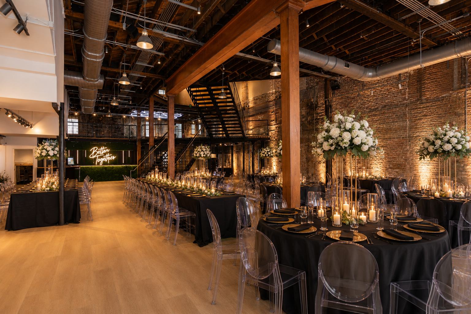 Elegant event space with round tables covered in black tablecloths, set with gold plates, black napkins, and glassware, illuminated by candles and floral centerpieces of white flowers on tall stands. The room has exposed brick walls, wooden beams, and a staircase, with a neon sign that reads 'Better Together' in the background.