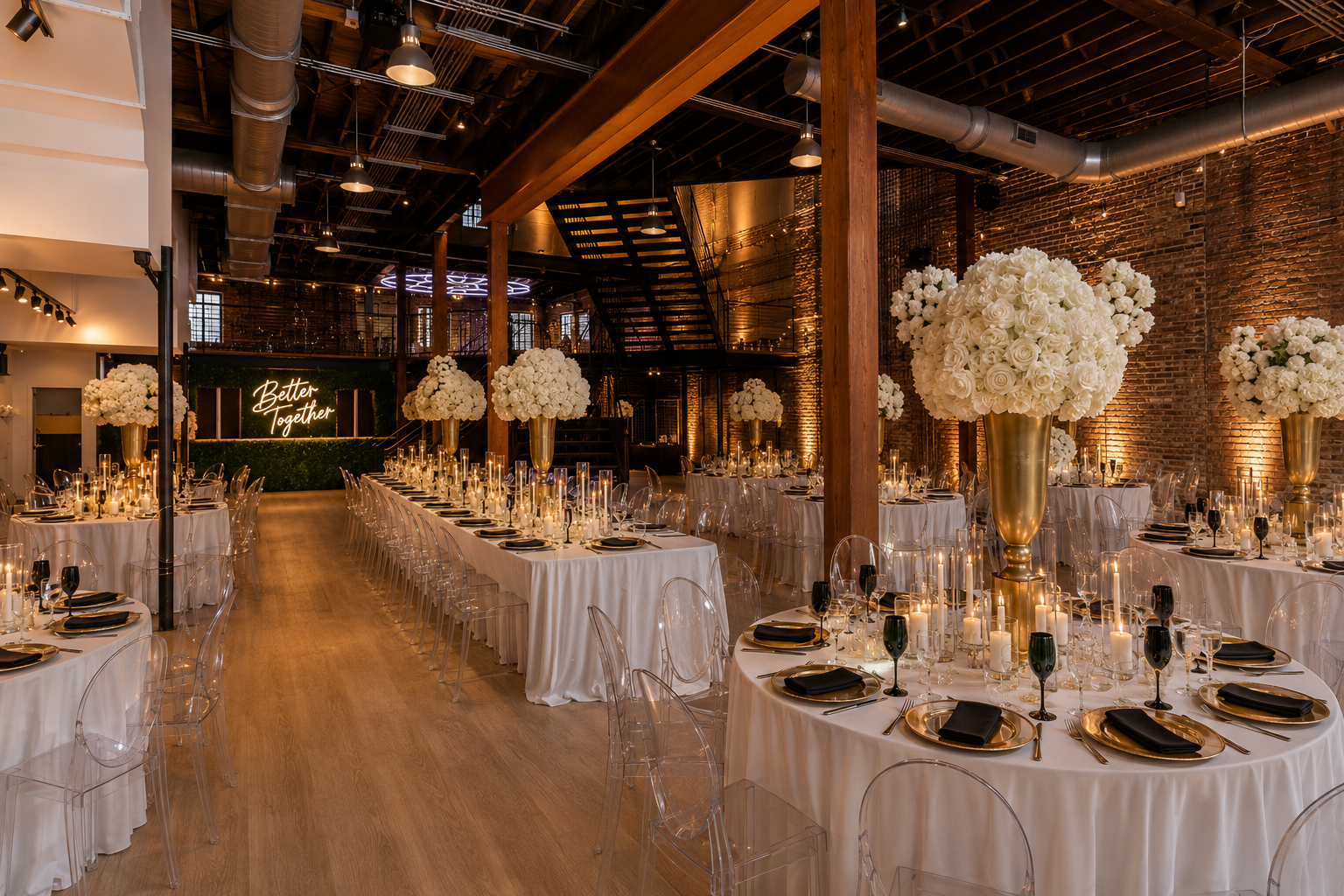 Elegant event space with round tables covered in white tablecloths, decorated with large white floral centerpieces in gold vases, lit by candles and glasses, with a brick wall and a neon sign that says 'Better Together' in the background.
