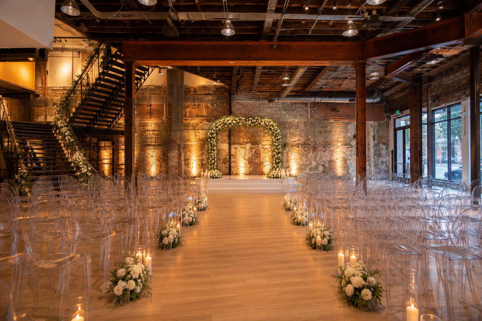 Wedding ceremony space with an arch decorated with white flowers, rows of transparent chairs, candles with floral arrangements along the aisle, and a rustic brick and wood interior.
