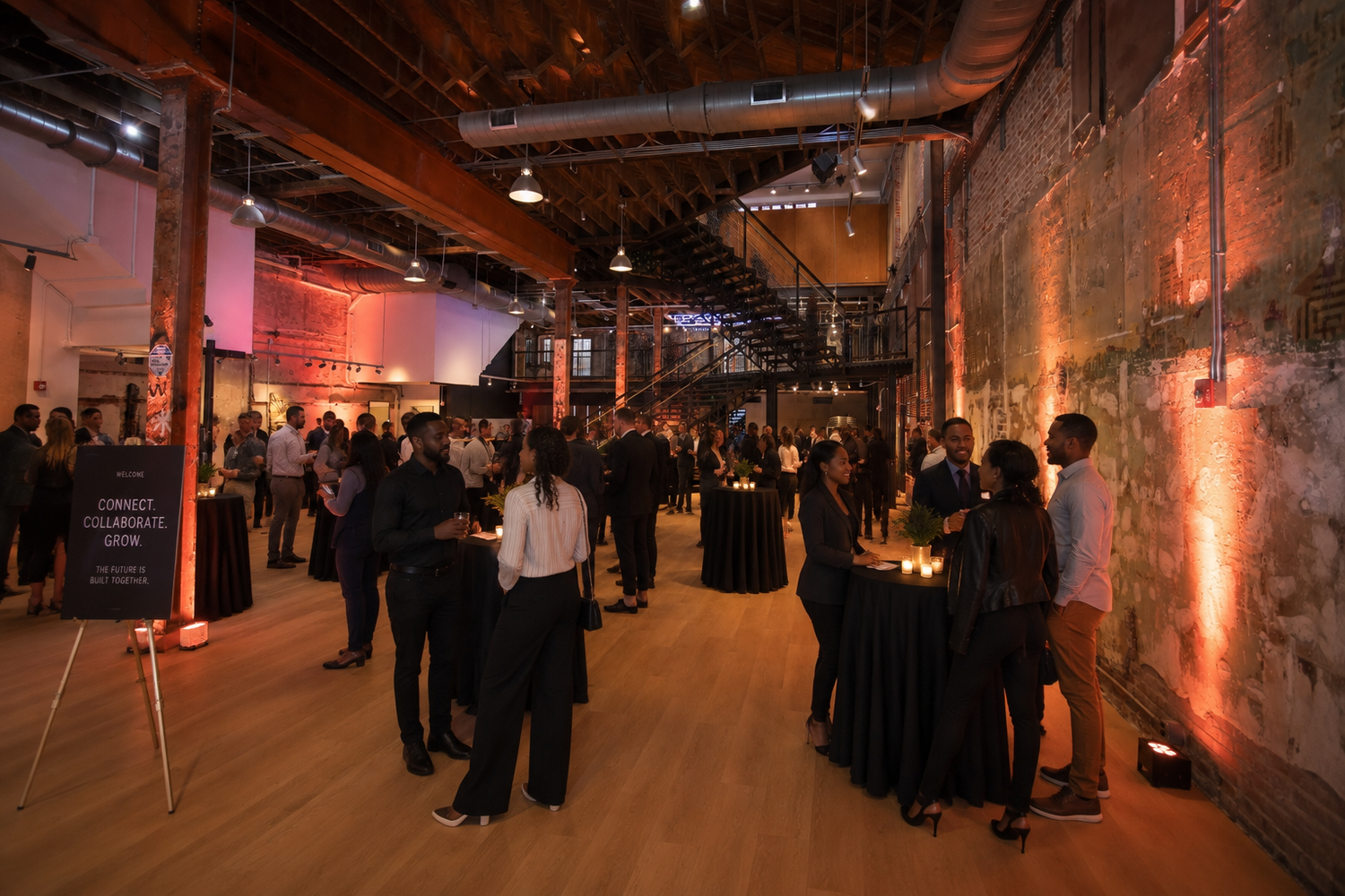 Guests networking at an evening corporate event