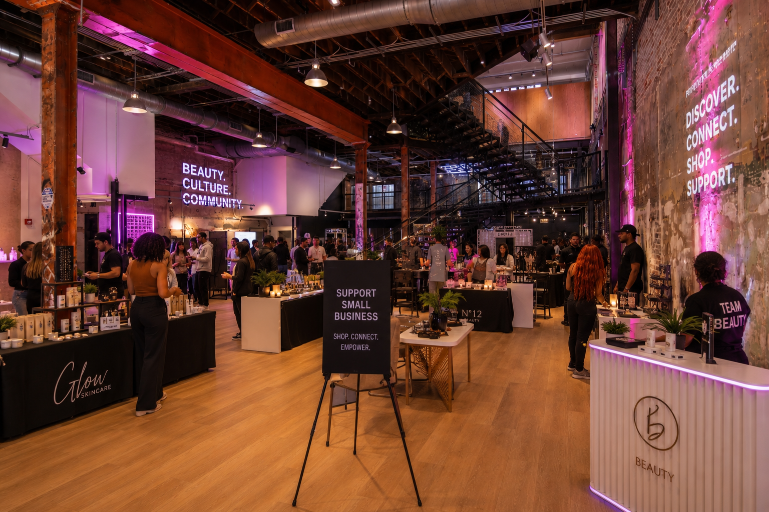 A spacious indoor event space with exposed brick walls, wooden beams, and a staircase. People are browsing various booths and tables showcasing beauty and skincare products. Neon signs display words like 'BEAUTY. CULTURE. COMMUNITY.' and 'DISCOVER. CONNECT. SHOP. SUPPORT.' The lighting is warm with purple and pink accent lights, and there are plants and candles on the tables.