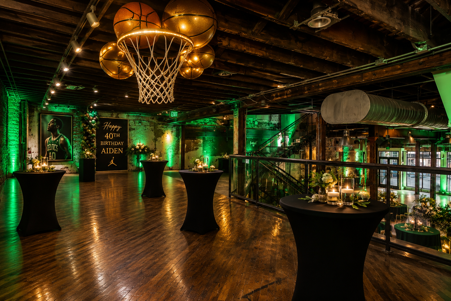 Green and gold birthday celebration on the mezzanine