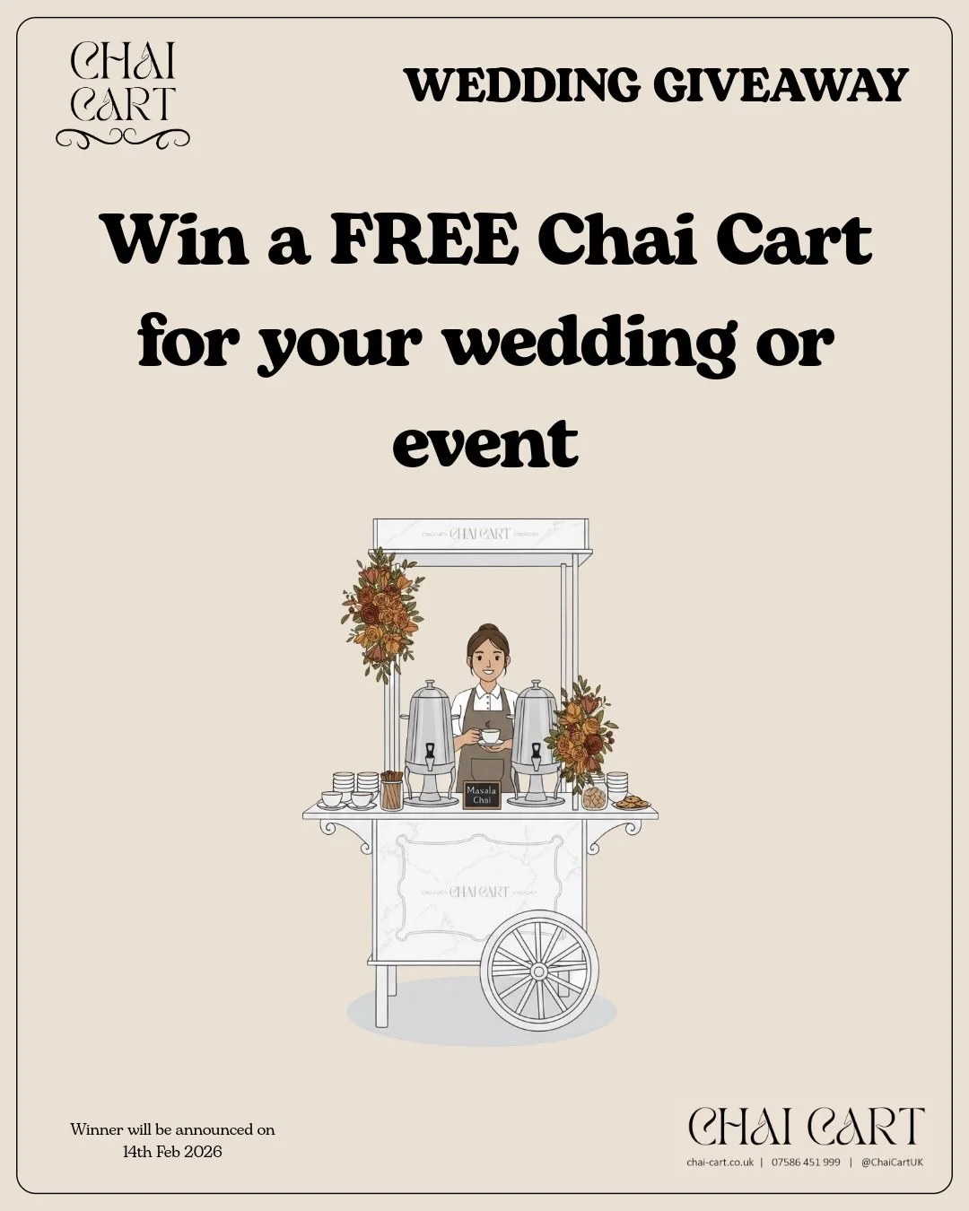 🤍✨ WEDDING GIVEAWAY ✨🤍

To celebrate love, weddings &amp; unforgettable moments, Chai Cart UK is giving one lucky couple the chance to add something truly special to their big day 🫖🤎

🏆 WHAT YOU&rsquo;LL WIN:

💍 A FREE Chai Cart Experience for 