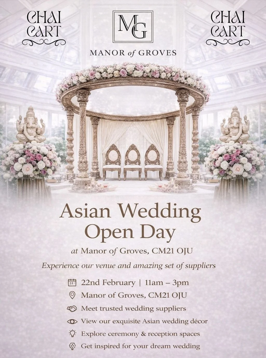 We're exhibiting at the Asian Wedding Open Day at the Manor or Groves, CM21 OJU

FREE ADMISSION &amp; PARKING !!!
link: https://tinyurl.com/yc82af77

You'll meet all of these trusted wedding suppliers:
@arjundesaiworld
@bar105events
@beat_evolution
@