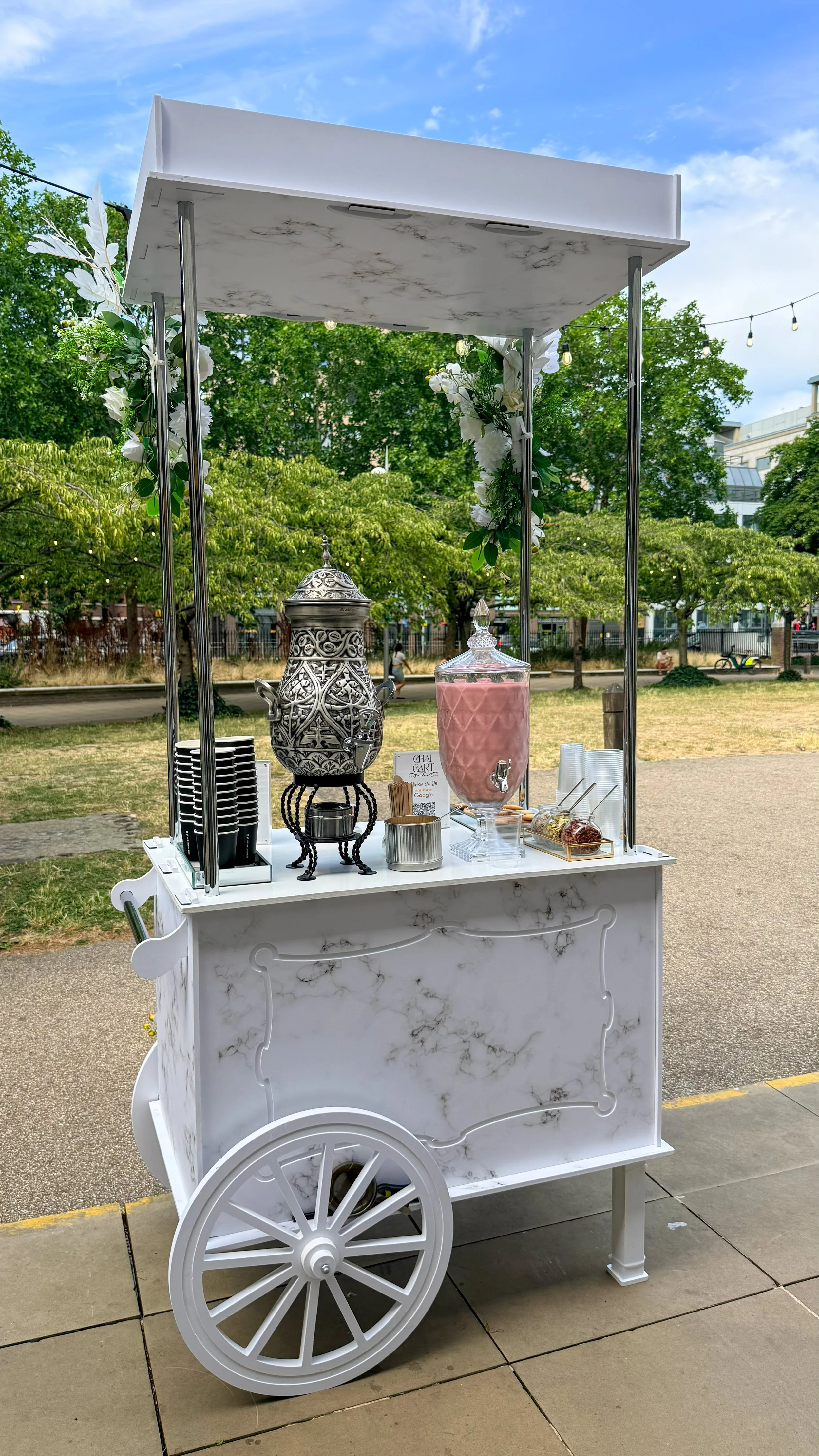 Outdoor Chai Cart UK setup with Karak Chai and Iced Pink Kashmiri Chai