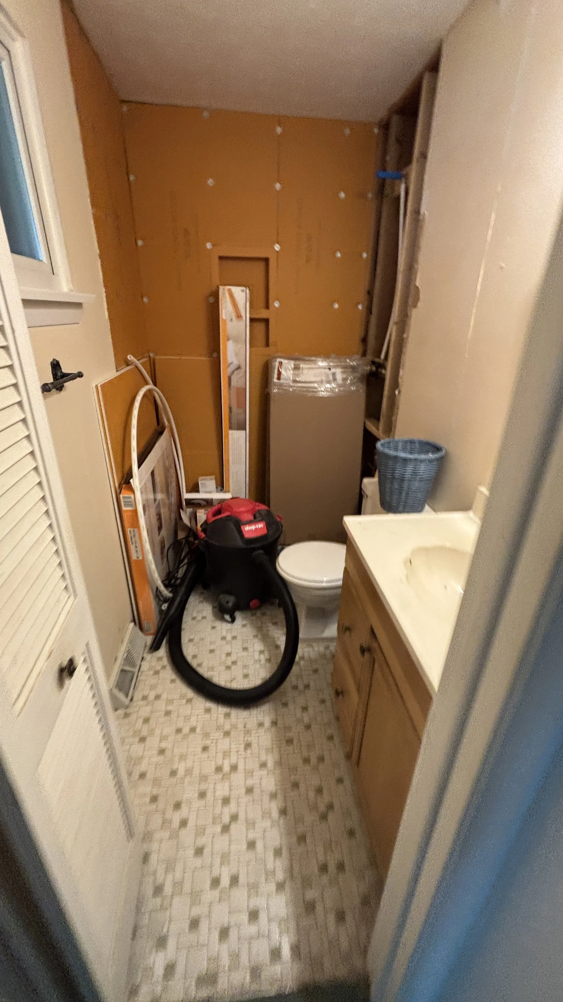 Bathroom remodel tile bathroom new flooring before and after handyman new vanity light fixtures exhaust fan doors