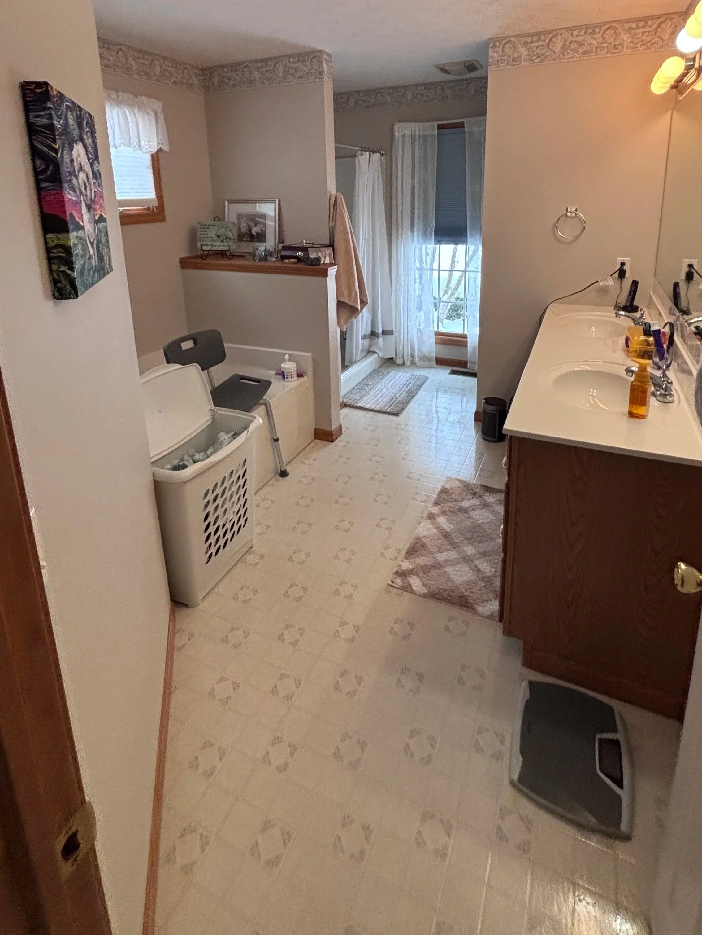 handyman bathroom remodel curbless shower swinging shower door new flooring vanity top painting wall mounted shower seat hand sprayer grab bars