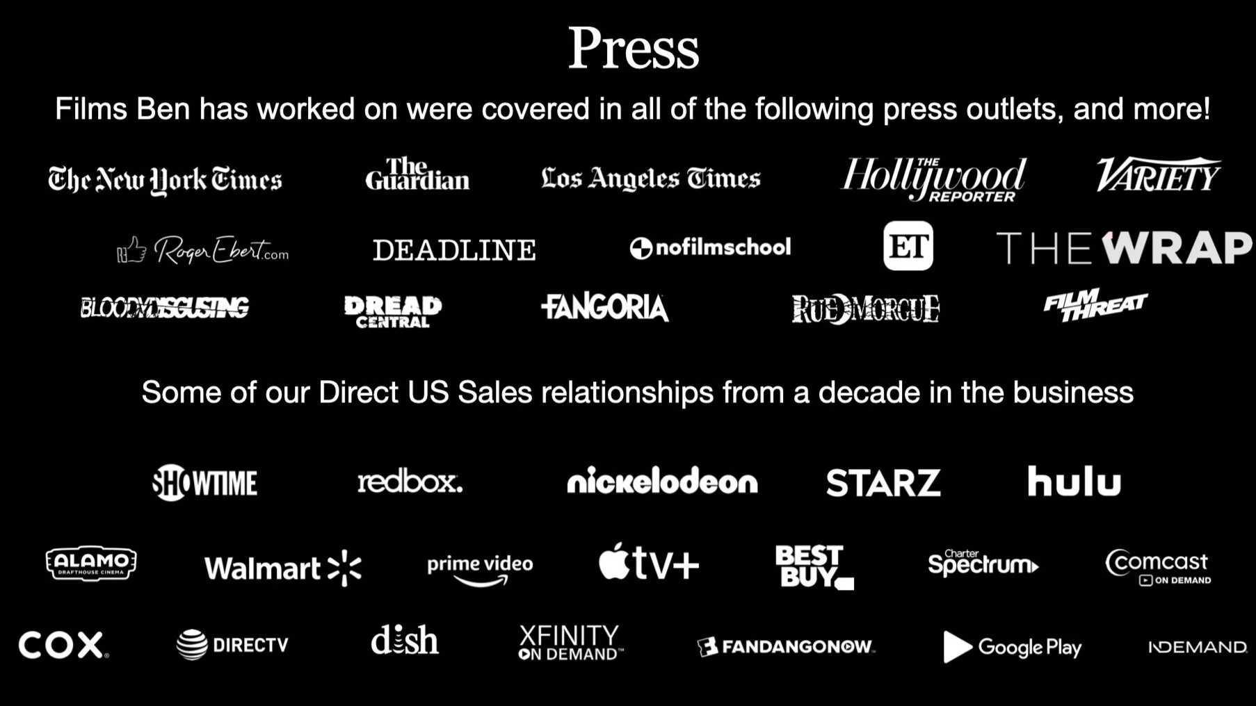 A black background with white text and multiple logos of various media and entertainment outlets and streaming services, listing partnerships and relationships from a decade in the business.