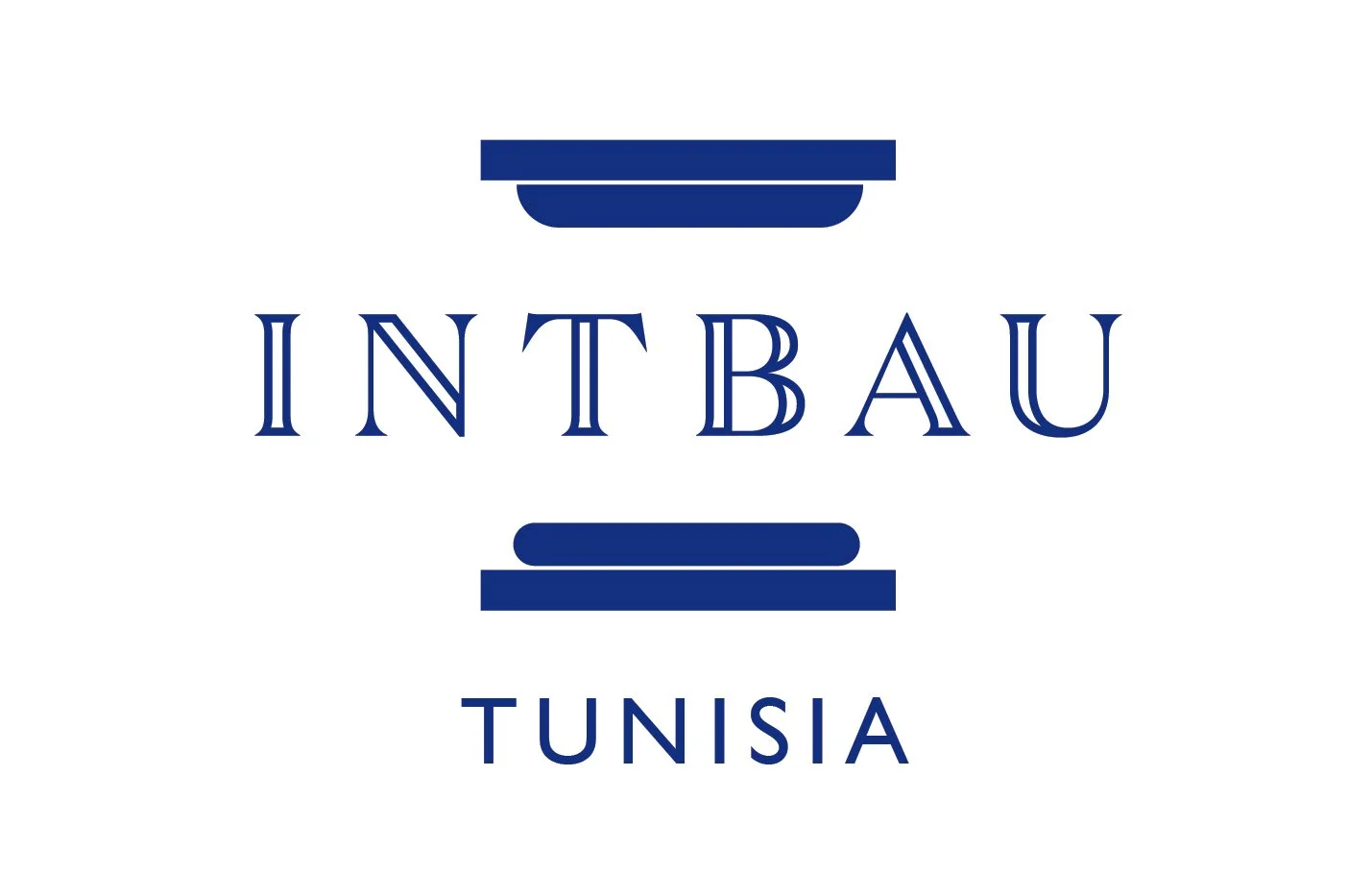 Logo with the text 'INTBAU TUNISIA' in blue, featuring stylized architectural elements, including horizontal lines and a curved shape, on a white background.