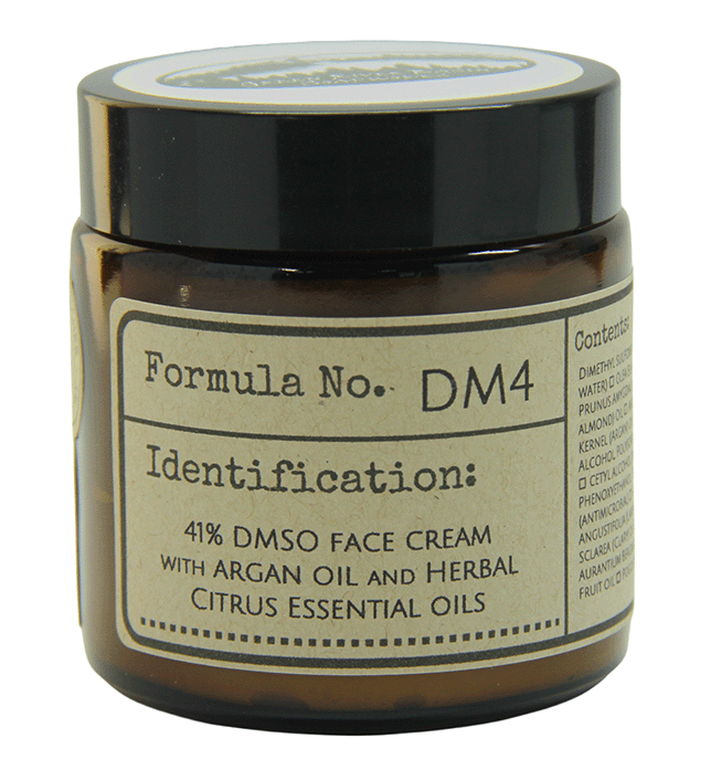 Formula DM4 Herbal Citrus amber glass jar with kraft paper label reading 41 percent DMSO Face Cream with Argan Oil and Herbal Citrus Essential Oils