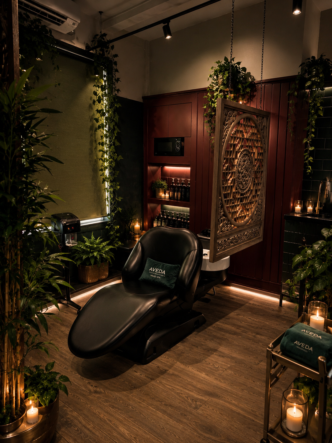 A serene spa room with a black massage chair, surrounded by green plants, candles, and soft lighting.