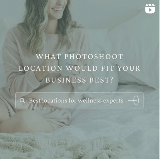 A woman smiling and pointing at a screen with the text: 'What photoshoot location would fit your business best?' and a search bar for wellness experts.