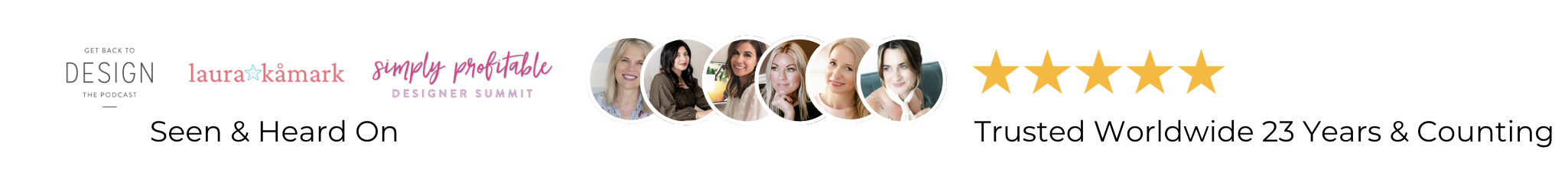 Banner for Get Back to Design podcast featuring guest headshots, podcast title, and five-star rating.
