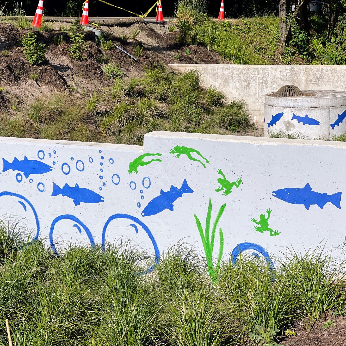 Check out the fresh stencil artwork of fish and frogs on the rain garden stormwater facility at SW 40th &amp; Multnomah BLVD by the post office!

June 3 City of Portland Environmental Services (@portlandbes) hosted an installment of our MNA Street Ar