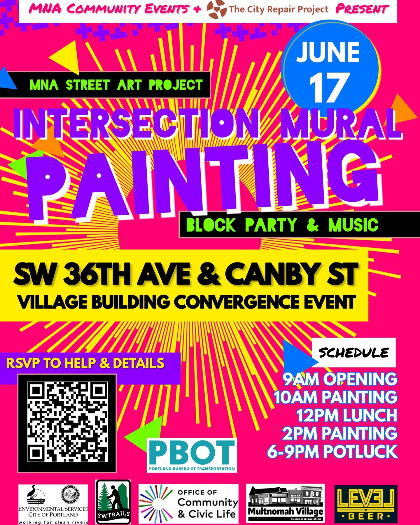 Join us for the closing day of the City Repair Village Building Convergence (VBC) for an all ages community building event in which professional mural artist Amaranta Colindres will guide volunteers in painting a mural on the surface of the pavement 