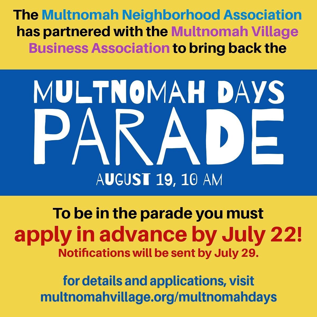 The Multnomah Days Parade is BACK. 

Link in profile to register as a participant. 

#multnomahvillagepdx #multnomahdays #multnomahdaysparade #streetfestival #parade #portlandevents