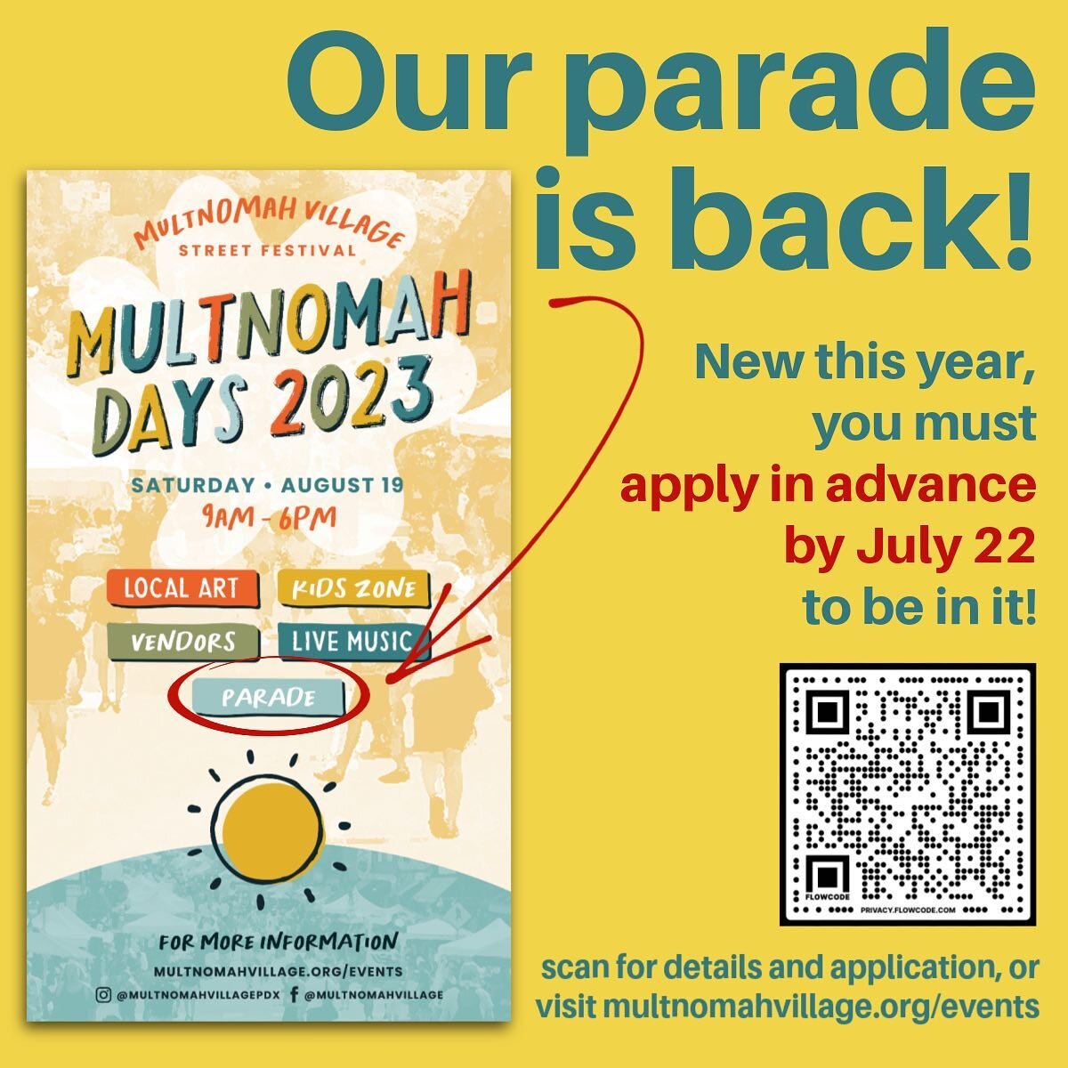 Yep, that&rsquo;s right the Multnomah Days parade is BACK! 

We are excited to announce the Multnomah Neighborhood Association has partnered with the Multnomah Village Business Association to bring back the parade to the Multnomah Days festival! 

Ne