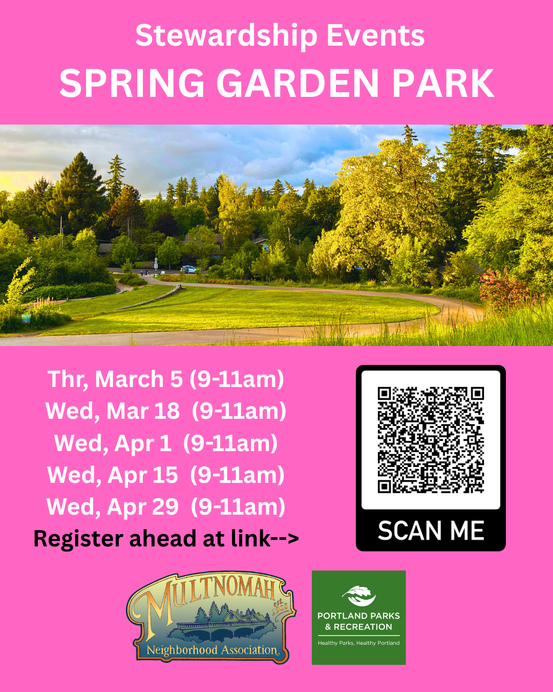 Stewardship events in Spring Garden Park flyer with dates and a sign up code: https://volunteer.portland.gov/need/detail/?need_id=1191805