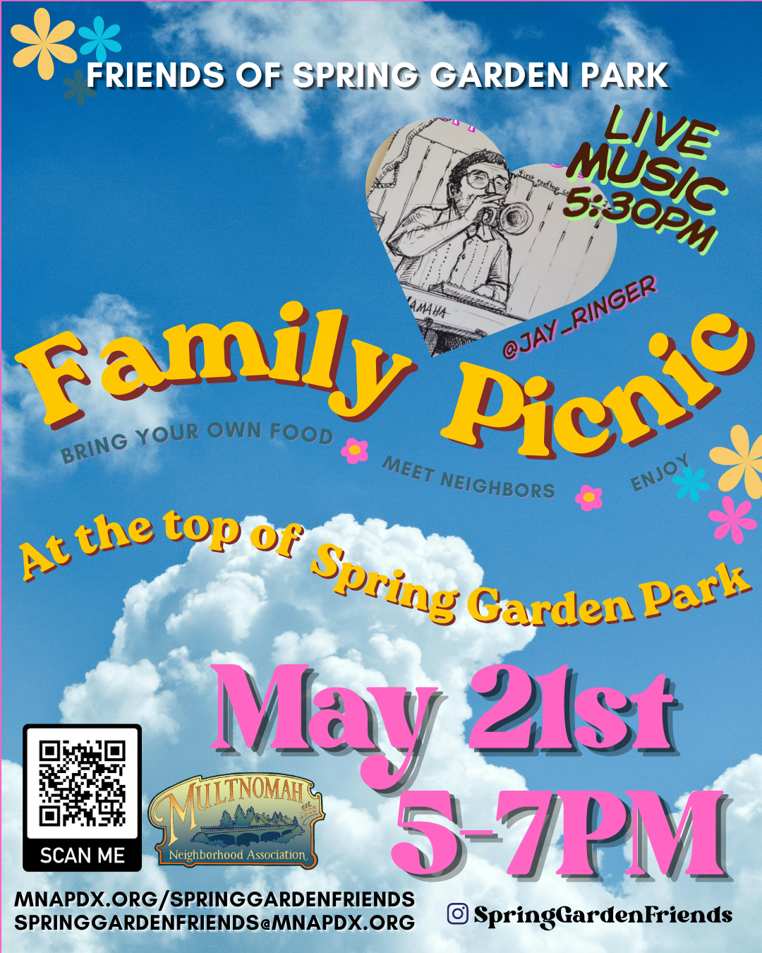 Summer picnics in Spring Garden Park flyer with dates and a sign up code: https://volunteer.portland.gov/need/detail/?need_id=1191805