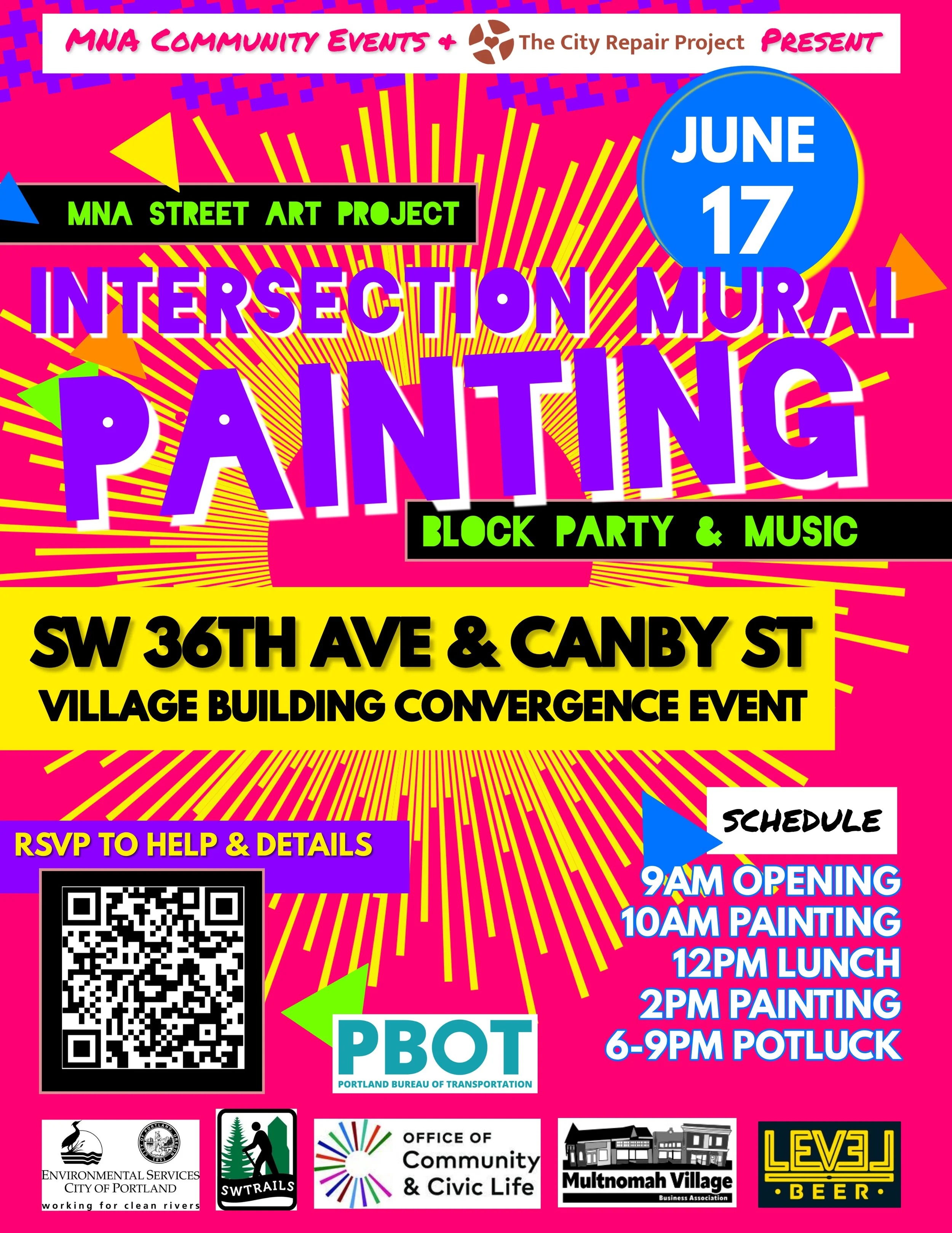 Colorful event poster for street art project on June 17 at SW 36th Ave. and Canby St. with activities including painting, block party, and music, with QR code for schedule, RSVP, and sponsorship logos.