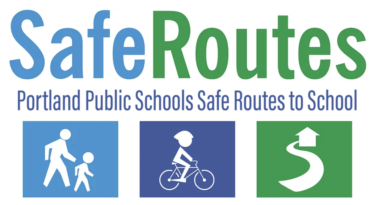 Image depicts child walking, riding bike, and a path leading to a school