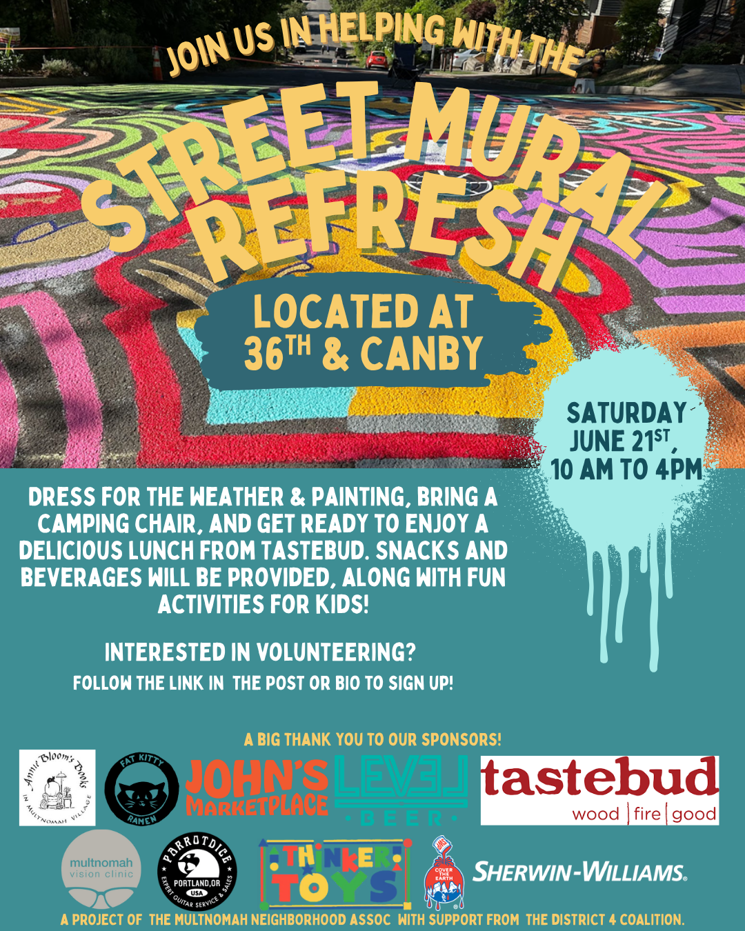 Street mural painting event flyer, sponsorship logos at the bottom. Dress for weather, bring chairs, and enjoy lunch, snacks, and activities for kids.