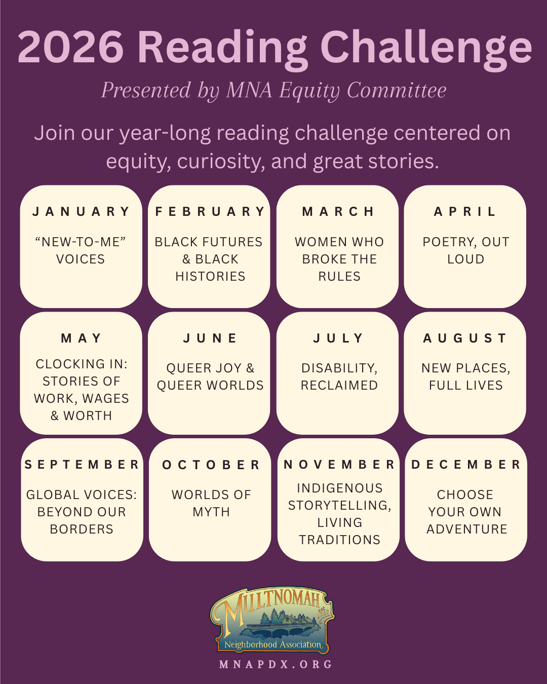 12 boxes displaying a month and theme for a 2026 equity reading challenge