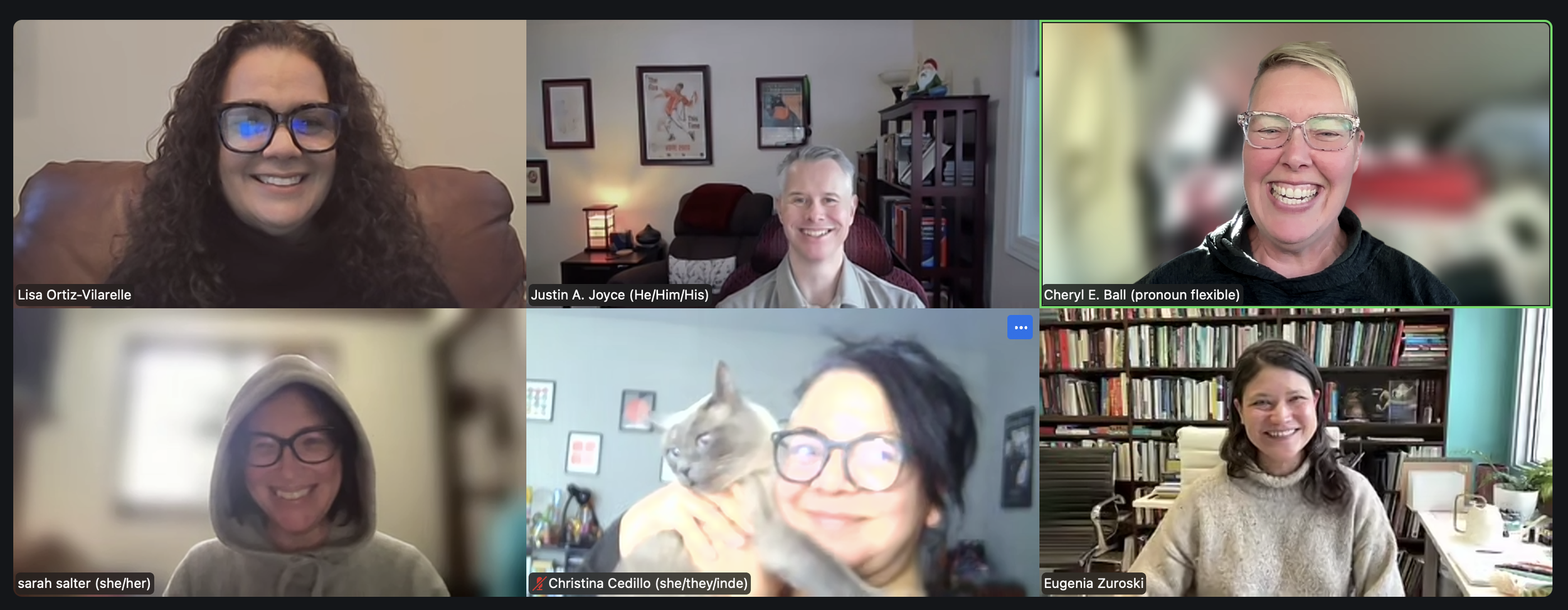 Headshot in Zoom of six people of various genders and ethnicities, all smiling, and one struggling cat