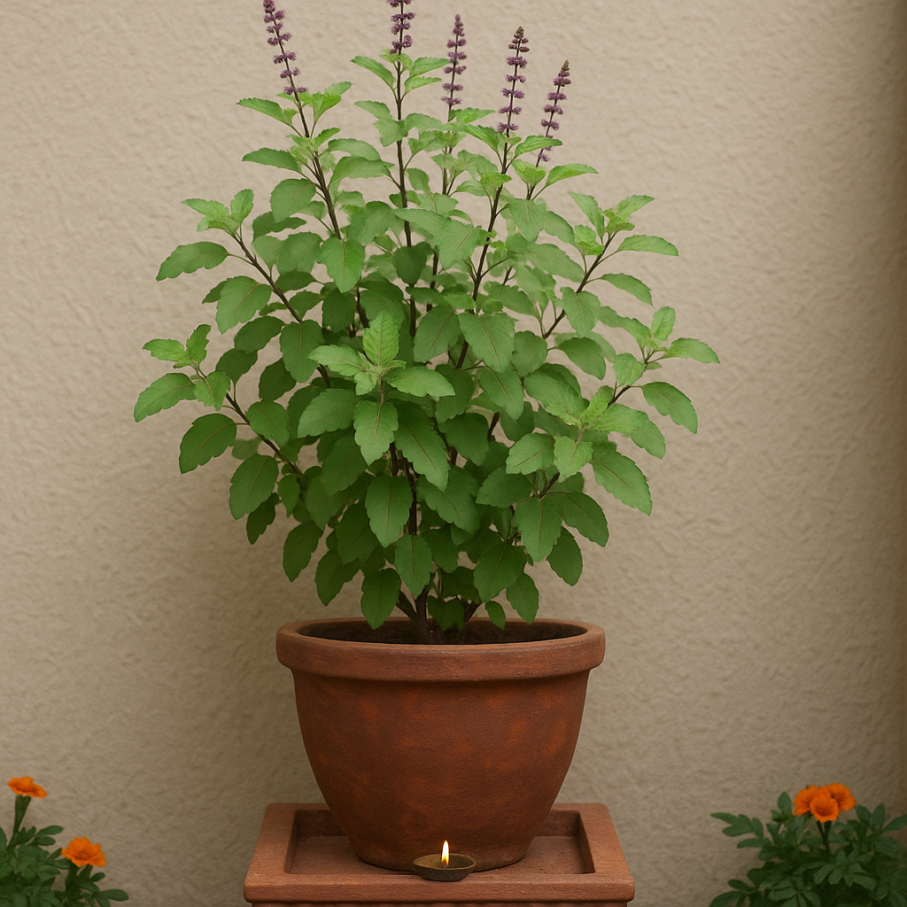 A potted basil plant with purple flowers on top, placed on a small tray with a lit tealight candle in front, against a beige textured wall.